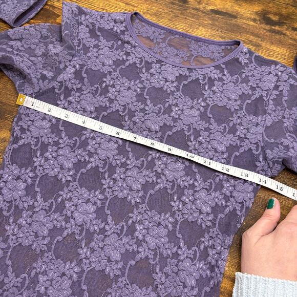 American Apparel M/L Bodycon Dress Vintage Purple Floral Lace Mesh Sheer Stretch - Picture 5 of 13